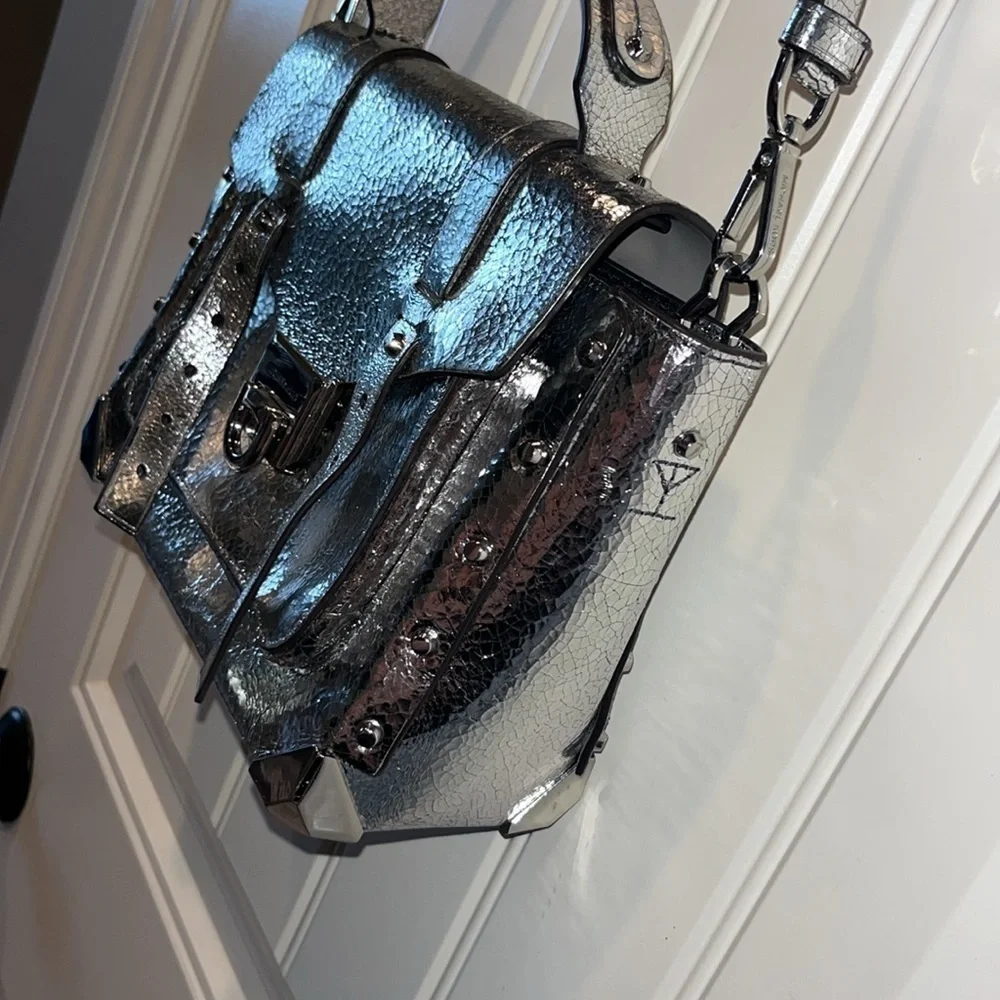 Michael Kors Silver Leather Satchel Handbag cyberpunk Avant Garde artsy unique